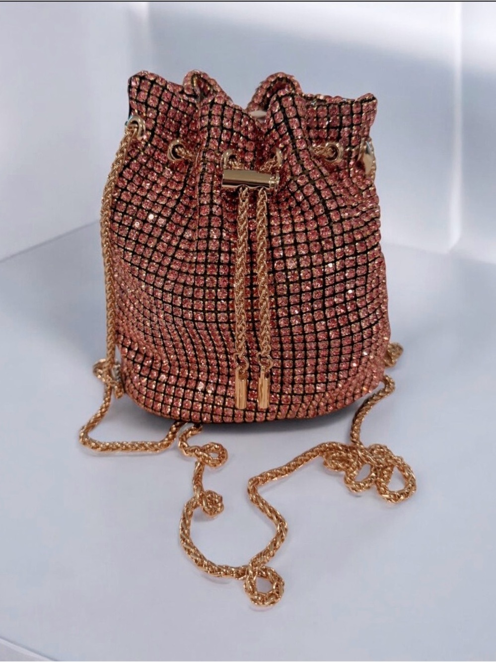 Rhinestone Drawstring Mini Bucket Bag - Rose Gold
